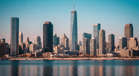 New York City Manhattan skyline panorama with urban skyscrapers over Hudson River.の素材