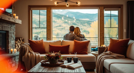 Couple in love sitting on sofa in living room at home, looking at mountains view.の素材