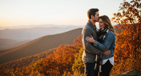 Beautiful young couple in love embracing on the background of autumn mountainsの素材