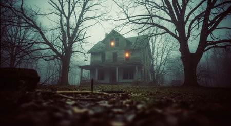 Old abandoned house in the forest in the fog. Halloween concept.の素材