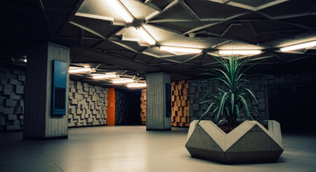 Interior of a modern office building with a large concrete flowerpotの素材