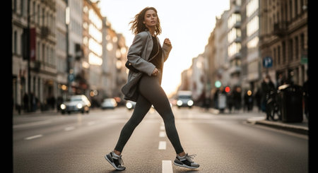Full length portrait of a young woman running in the city at sunsetの素材