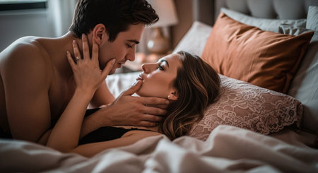 selective focus of man touching face of girlfriend in underwear on bedの素材