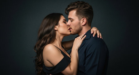 Beautiful young couple in love kissing and hugging on black background.の素材