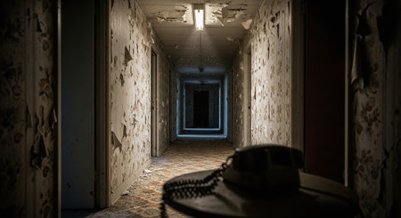 Abandoned corridor with a hat in the middle. 3d renderingの素材