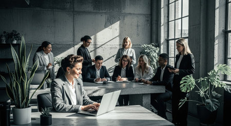 Group of business people working together in modern office. Teamwork concept.の素材