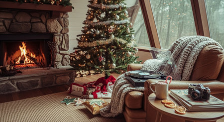 Cozy living room with christmas tree, fireplace, gifts and vintage cameraの素材
