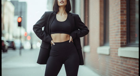 Fitness woman in black sportswear posing in the city.の素材