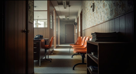 Interior of an old school school corridor with orange chairs and desksの素材