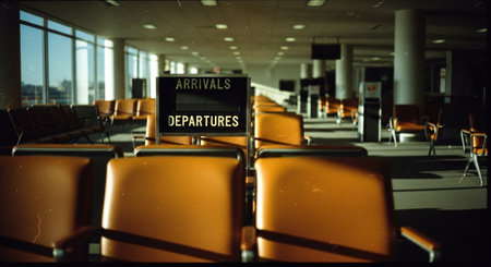 Airport terminal waiting area with empty seats. Selective focus.の素材