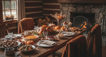 Thanksgiving dinner in rustic style with turkey and pumpkins.の素材