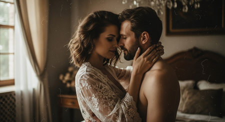 Beautiful young couple in love kissing and embracing in bedroom at homeの素材