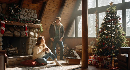 Young couple in love sitting on the floor near the fireplace and Christmas treeの素材