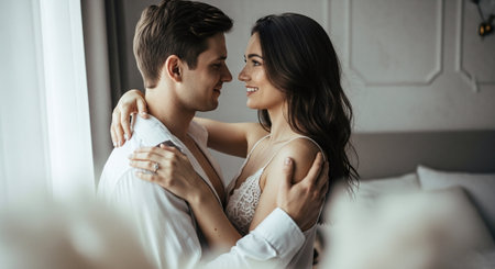 Beautiful young couple in love is hugging and smiling while sitting on the bed at homeの素材