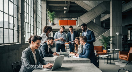 Business people working together in modern office. Group of business people in smart casual wear working together in office.の素材