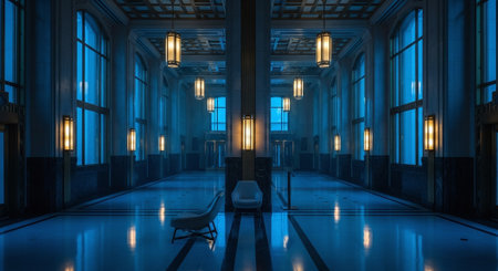 3D rendering of a corridor with lamps and a bench in a dark roomの素材