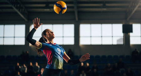 volleyball sport game with group of young beautiful girls indoor in sport arena gymの素材
