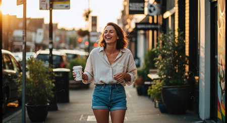 Happy young woman holding coffee cup and laughing while walking on the streetの素材
