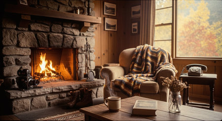 Cozy living room with fireplace, armchair, coffee cup, books and vintage camera.の素材