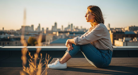 Beautiful girl in casual clothes sitting on the roof and looking at the cityの素材