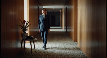 Businesswoman walking in the corridor of modern office. Mixed media. Mixed mediaの素材