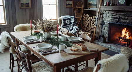 Cozy living room with christmas decorations and fireplace. Vintage styleの素材