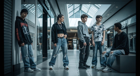 Group of young people walking in the corridor of a shopping mall.の素材