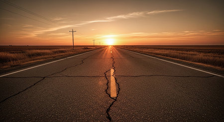 sunset on the road with a crack in the ground and a power lineの素材