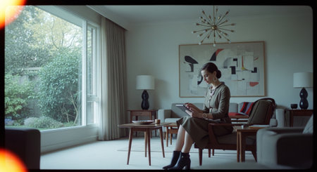 Woman using a tablet computer while sitting in an armchair at homeの素材