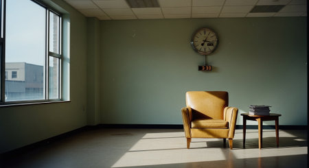 Interior of a modern office building with brown armchair and clockの素材