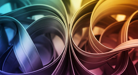 3D rendering of colorful abstract background with curved sheets of paper.の素材