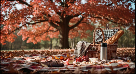 Picnic basket with food on a blanket in the autumn forest.の素材