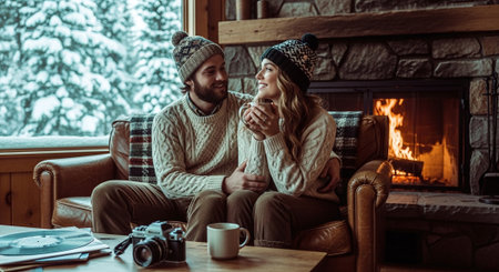 Couple in warm sweaters and hats drinking tea in front of fireplace at home.の素材