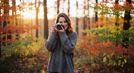 Beautiful young woman with camera in the autumn forest at sunset.の素材