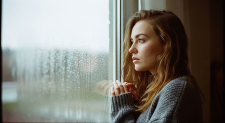 beautiful young woman looking out the window in rainy day at homeの素材
