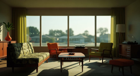 Interior of a living room with a large window. 3d renderの素材
