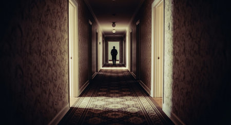Conceptual image with silhouette of a man standing in a dark corridorの素材