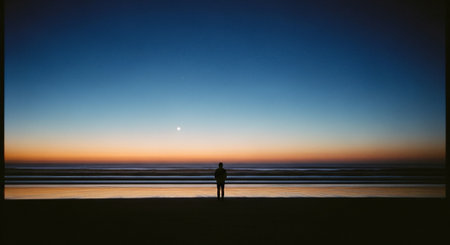 Silhouette of a man standing at the beach at sunset.の素材