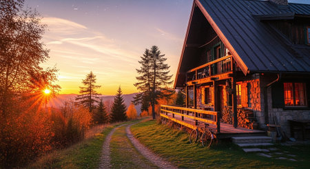 Sunset in the mountains. Wooden house in the Carpathiansの素材