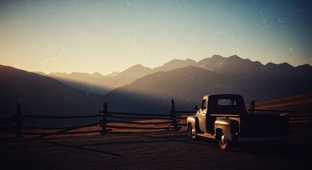 Vintage car in the mountains at sunset. 3D Renderingの素材