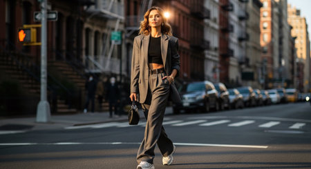 Fashionable woman walking on the street in the city at sunsetの素材