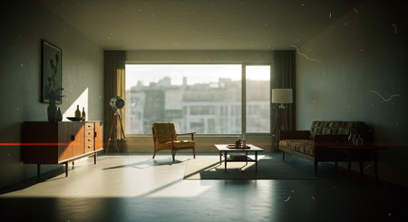 Interior of a living room with a large window overlooking the cityの素材