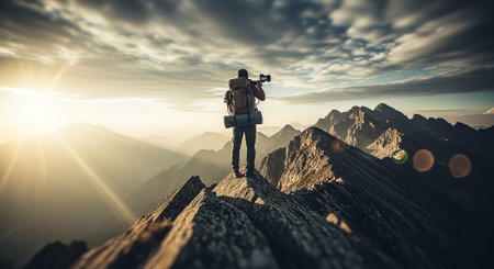 Photographer with camera on the top of a mountain. Mixed mediaの素材