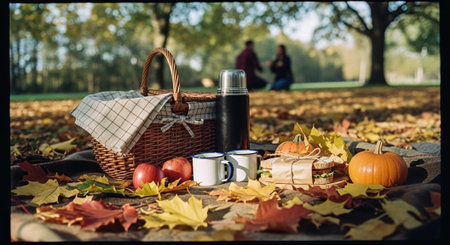 Autumn picnic in the park. Picnic basket with apples, coffee and a bottle of milkの素材