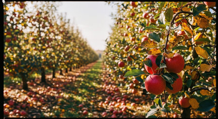 Ripe red apples on apple trees in an orchard in autumnの素材
