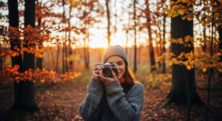 Beautiful young woman with retro camera in autumn forest at sunset.の素材