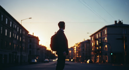Businessman with briefcase walking on the street at sunset, rear viewの素材