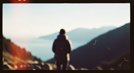Blurred silhouette of a hiker on top of a mountain.の素材