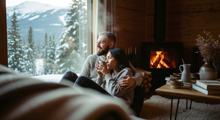 Couple in love sitting on the couch in front of the fireplace at home in the winter.の素材