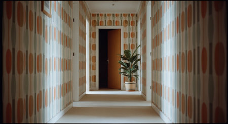 3d rendering of an empty room with a door and a plantの素材